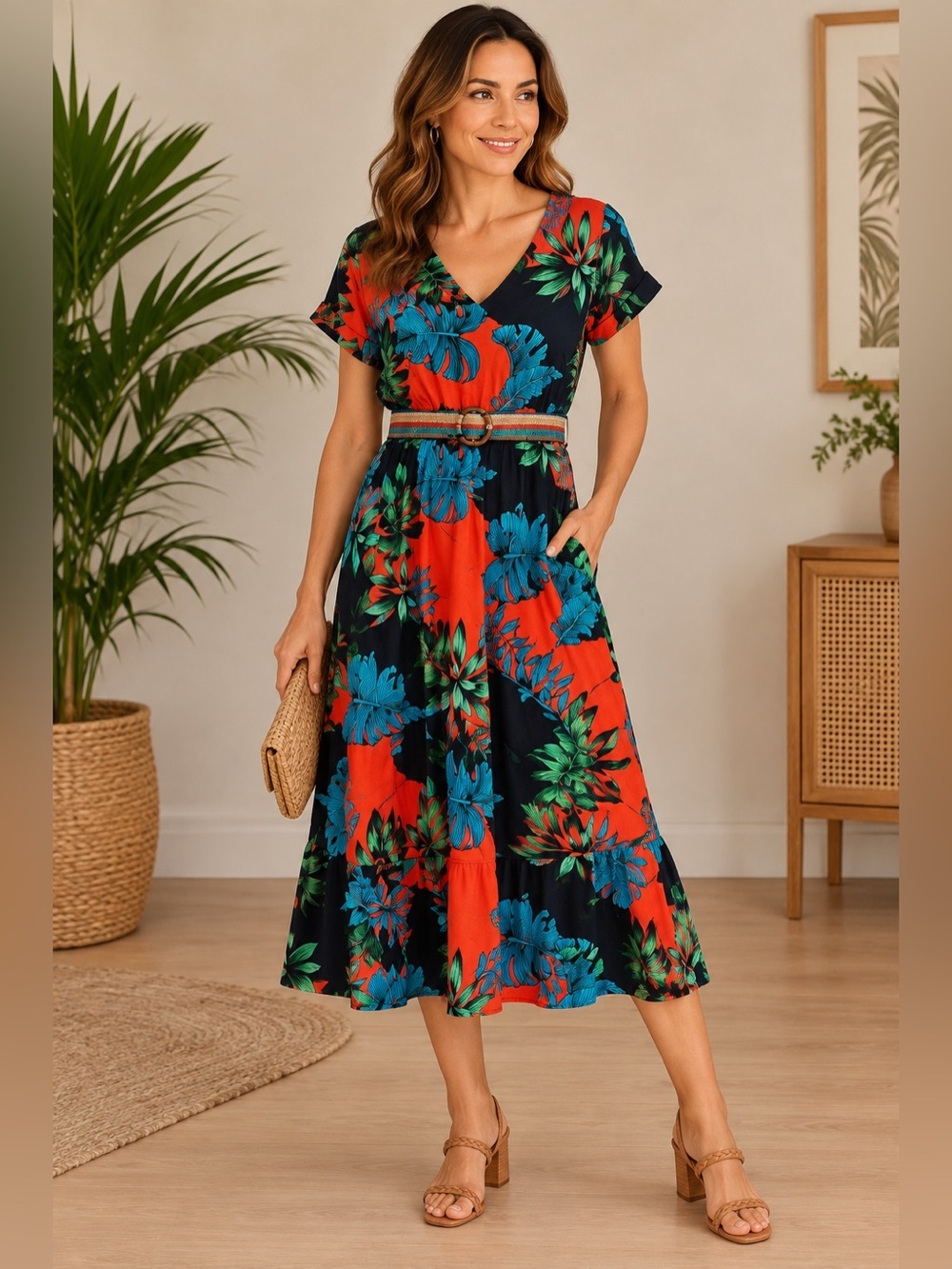 Hippocampe Made in France Tropical Maxi Dress EU 42 Belted Leaf Print - Picture 1 of 11